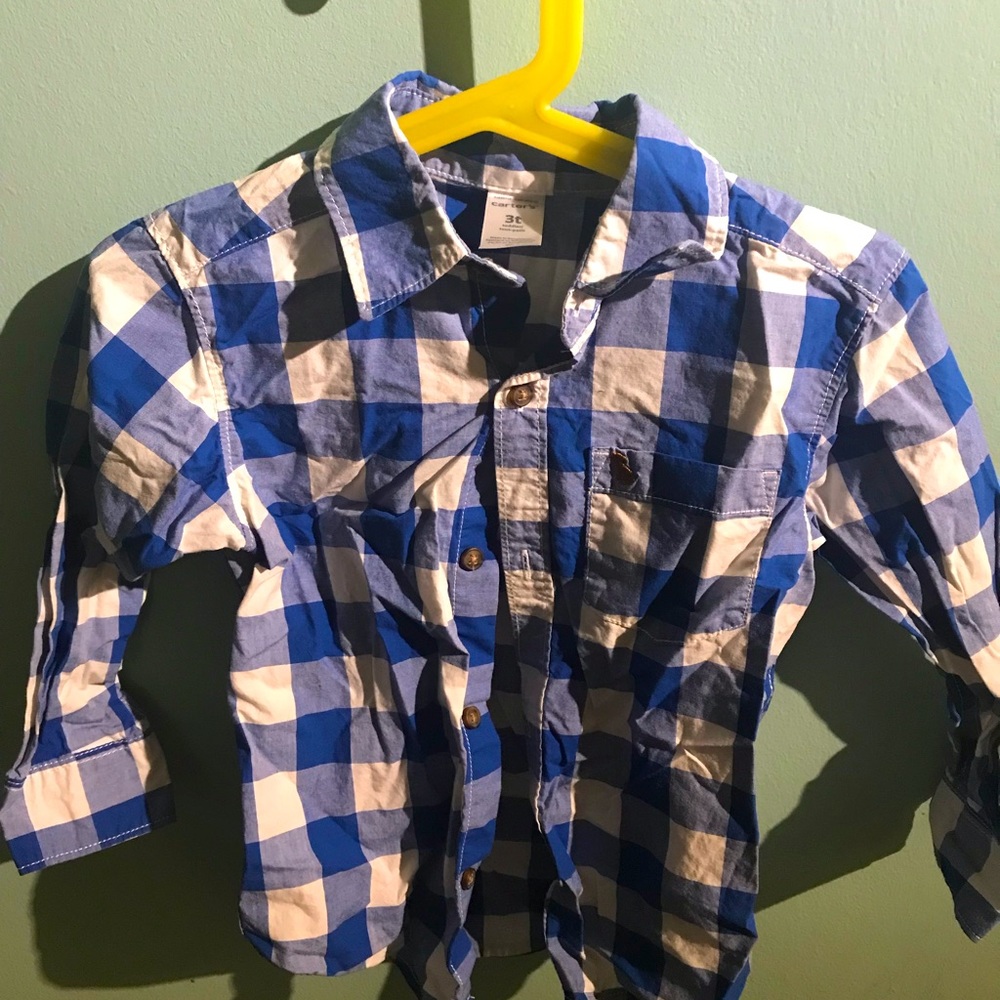 Whit and blue cotton shirt and brown cotton pants